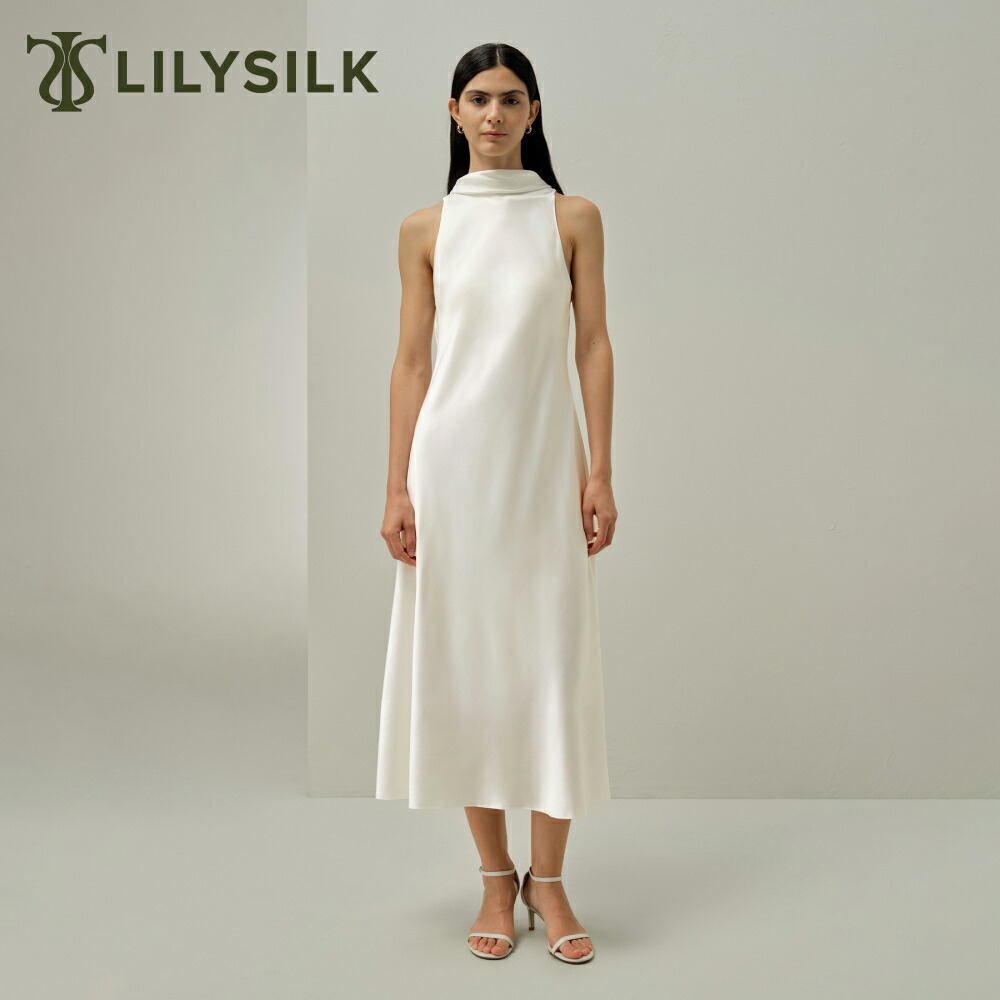 LILYSILK シルク ワンピース レディース 春 夏 きれいめ ロング丈 マキシ丈 ノースリーブ リボン付き ドレス カジュアル ホワイト 白 洗濯機で洗えるシルク 発表会 演奏会 優雅 エレガント 上質 高級 30代 40代 50代 ギフト プレゼント