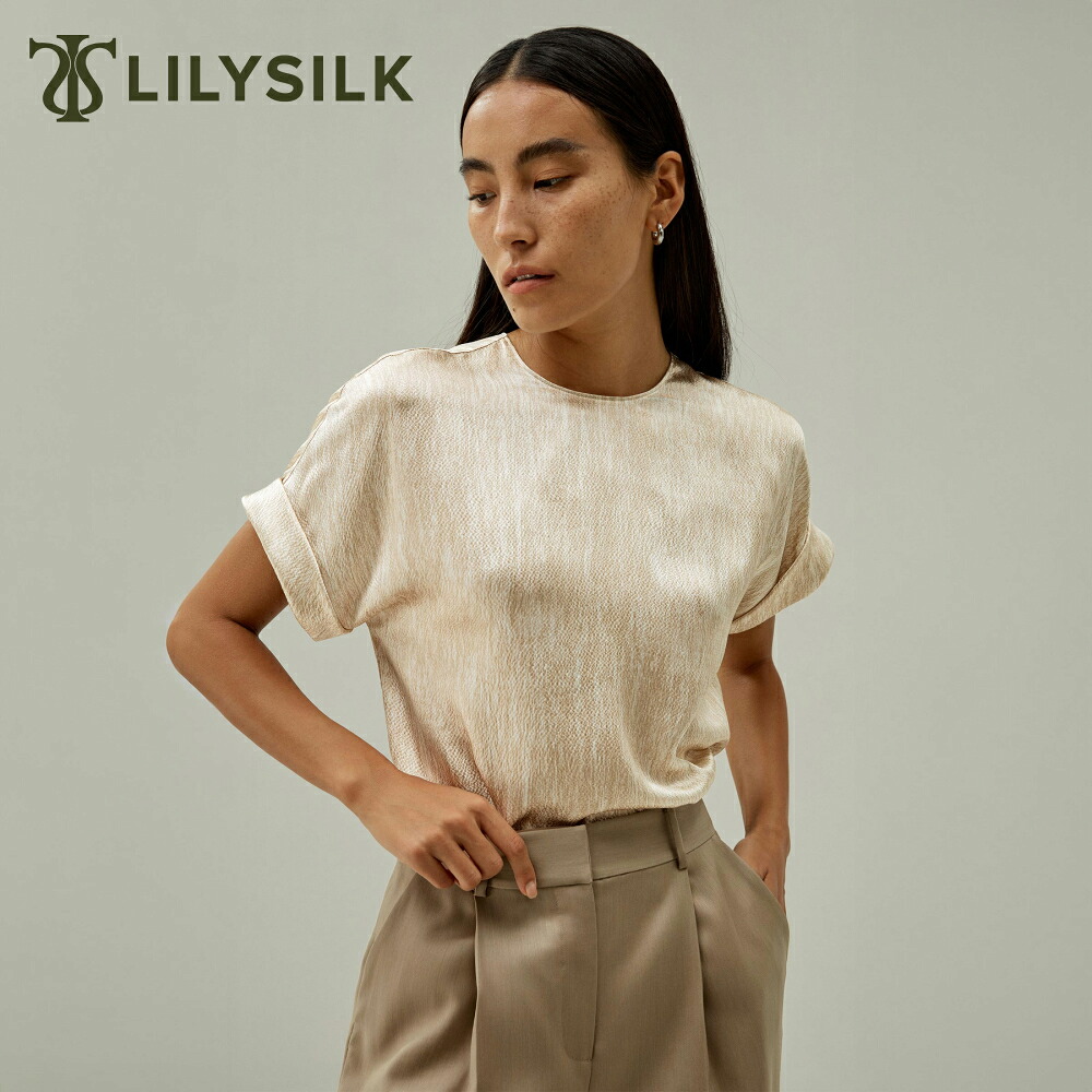 LILYSILK シルク Tシャツ レディース 半袖 ゆったり ブランド おしゃれ トップス 春夏 クルーネック カットソー 大きいサイズ きれいめ ロールカフス やわらかい パール ペアサテンシルク リネン風プリント ベーシック