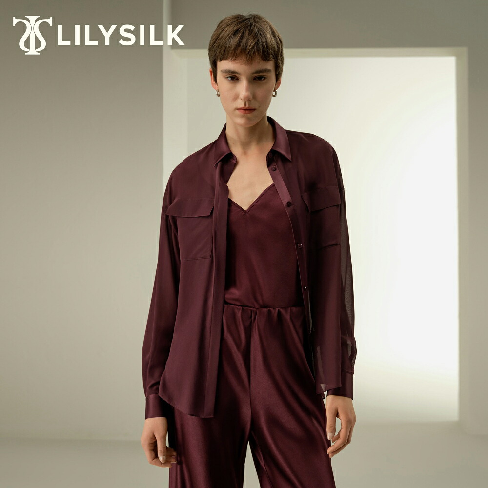 LILYSILK シルク ブラウス 2点セット レディース おしゃれ オフィス フォーマル 長袖 春 夏 透け感 ビジネス トップス カジュアル キャミソール付き セミシアー 軽量 シルクシフォン 隠しプラケット