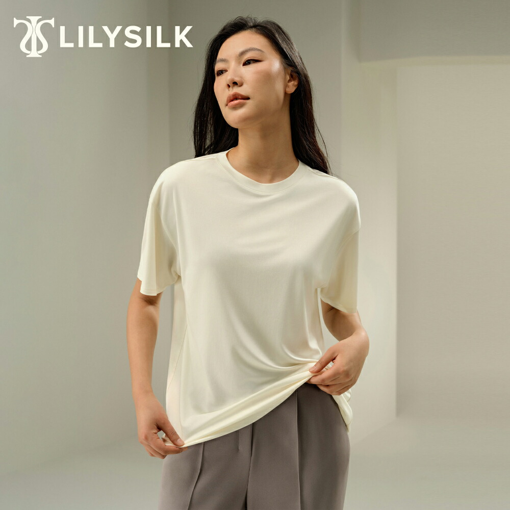 LILYSILK シルク Tシャツ レディース 半袖 ゆったり 大きめ おしゃれ ブランド 無地 クルーネック ニット ストレッチ シルクジャージー オーバーサイズ 洗濯機で洗える シルク100% リラックスフィット 通気性 落ち着きのある 控えめな光沢|LILYSILK