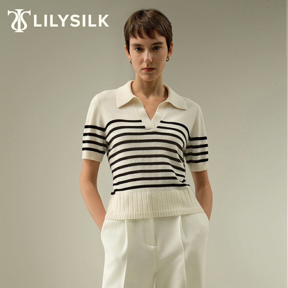 LILYSILK カシミヤ100% ニット セーター レディース カシミヤ 半袖 ストライプ ポロ ニット Vネック おしゃれ きれいめ 仕事 オフィス 通勤 カジュアル 通気性がある 柔らかい シンプル クラシック 軽やか 洗練｜LILYSILK