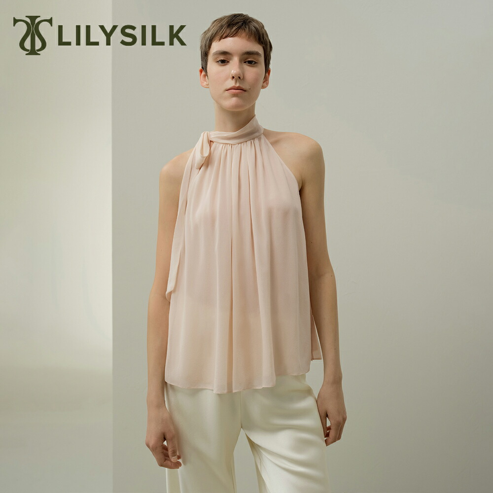 LILYSILK シルク トップス ノースリーブ ホルターネック ブラウス オフィス カジュアル リボン付き 夏 きれいめ 大きいサイズ カジュアル 二重のシルクジョーゼット ミニマル 上品 柔らかい 上質 プレゼント ギフト