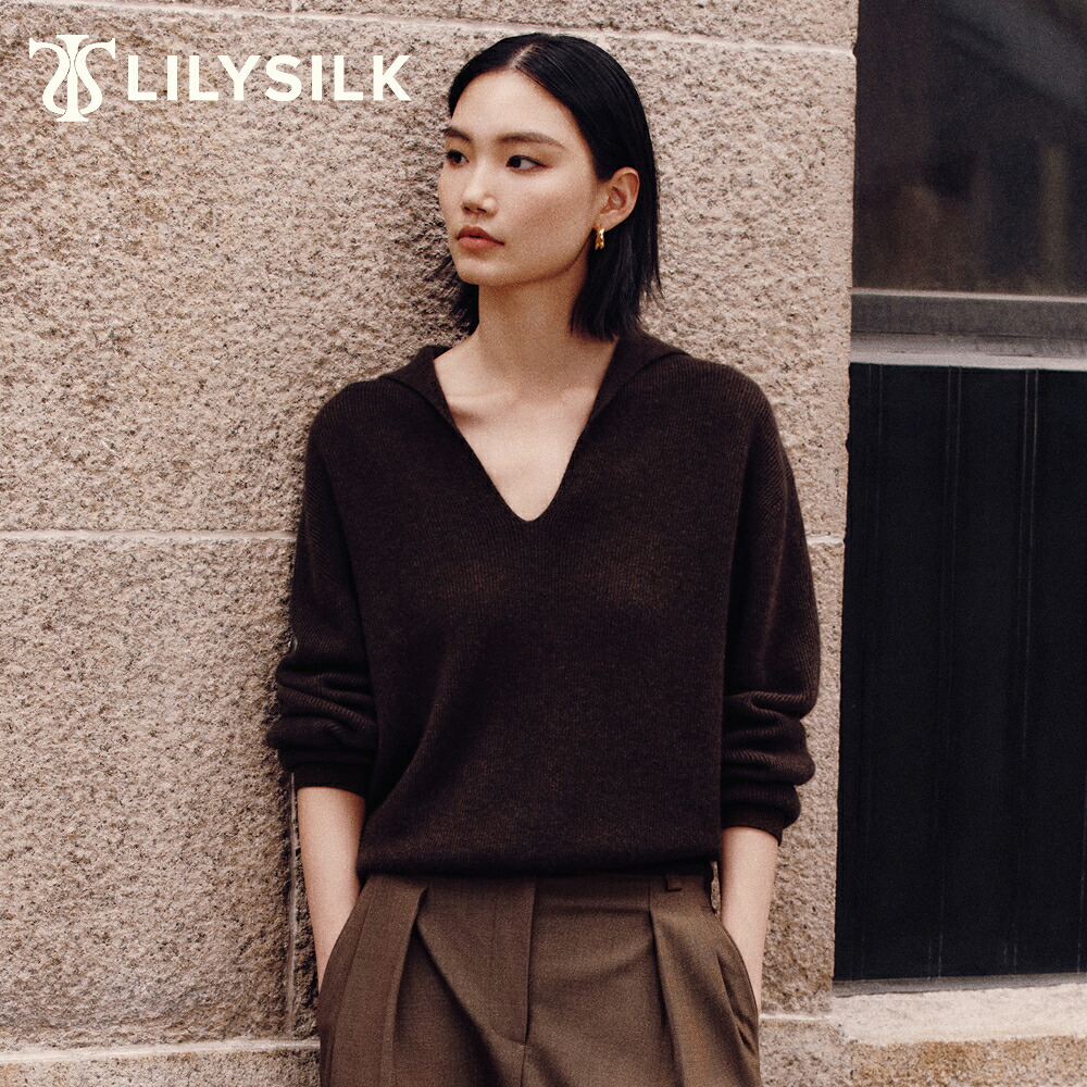 LILYSILK カシミヤ ニット セーター レディース 秋冬 カシミヤ100% ブランド Vネック ポロカラー 長袖 柔らかい 軽量 通気性に優れ リブニット 洗練 ベージュ ダークグレー ディープオーク 29,120円