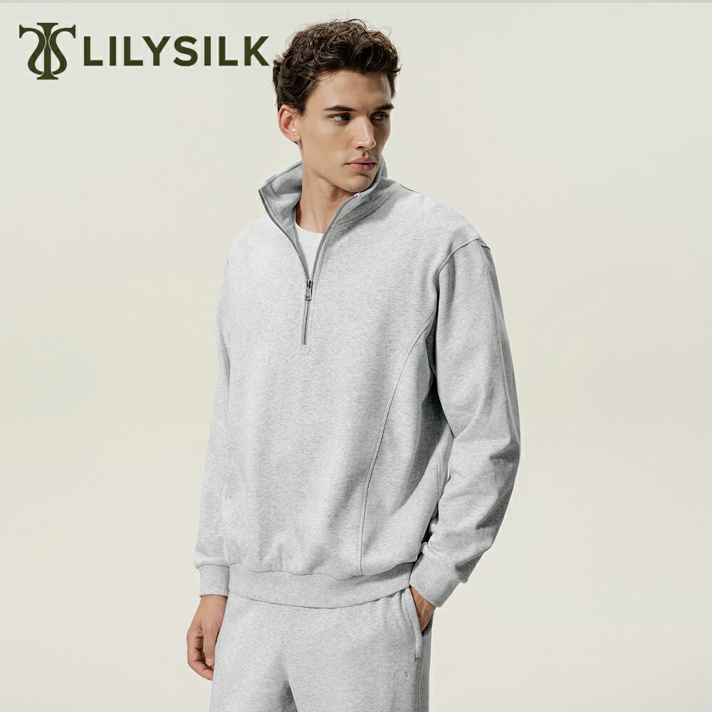 LILYSILK シルク混 スウェット メンズ ハーフジップ 無地 大きいサイズ クォータージップ スタンドカラー スウェットシャツ 春 秋 冬 ブランド オシャレ ロゴ刺繍 カジュアル 運動 スポーツ リブ編みの裾 吸湿 通気