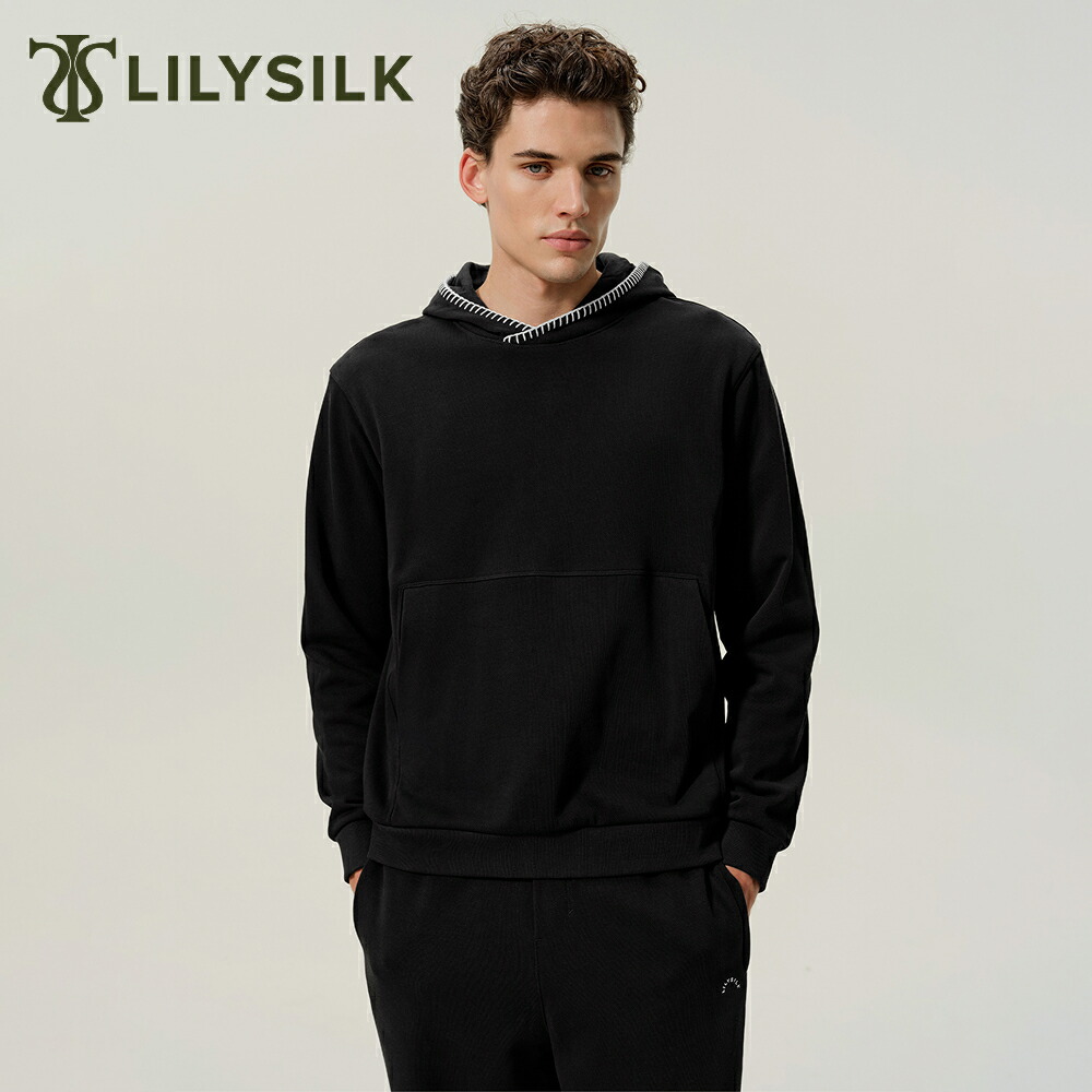 LILYSILK シルク混 パーカー メンズ スウェット フーディー 大きいサイズ ブランド オシャレ 無地 春 秋 冬 プルオーバー レギュラー カジュアル 運動 スポーツ シルクコットン混紡 ブランケットステッチ 四方ストレッチ 吸湿 摩擦軽減 形状維持