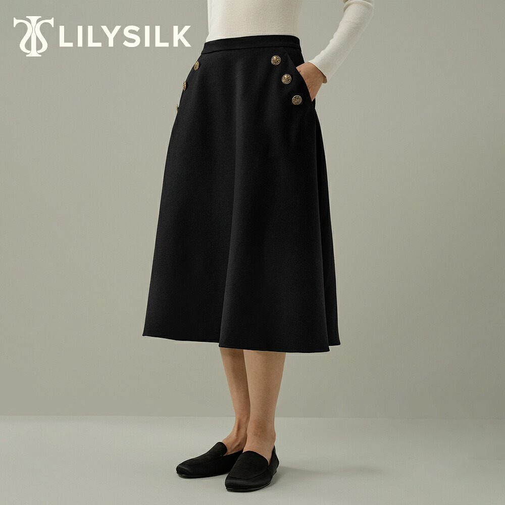 LILYSILK ウール スカート ロング 秋冬 レディース ハイウエスト シルクウール混紡 ブランド Aライン フレアスカート 厚手 大きいサイズ きれいめ フォーマル カジュアル オフィス ビジネス 30代 40代 50代 あったか 高級 ゴールドボタン ブラック 黒