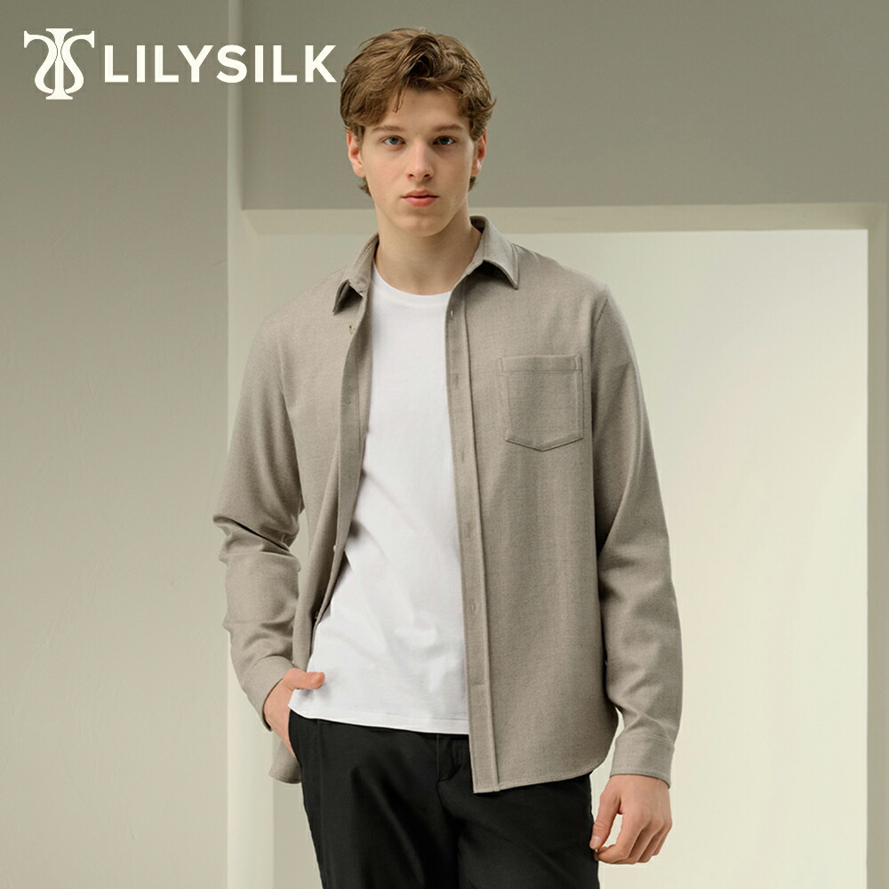 LILYSILK シルク ウール シャツ メンズ 長袖 ビジネス オフィス カジュアル 大きいサイズ 無地 クラシック オーバーサイズ 胸ポケット 肌に優しい 高級 かっこいい 父の日 プレゼント ギフト