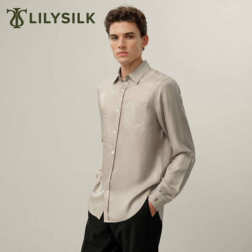 LILYSILK シルク シャツ メンズ 大きいサイズ 長袖 大きいサイズ ストライプ ビジネス カジュアル 両面プリント クラシック 細めストライプ おしゃれ 薄手 襟付き ワークシャツ シワになりにくい レギュラー