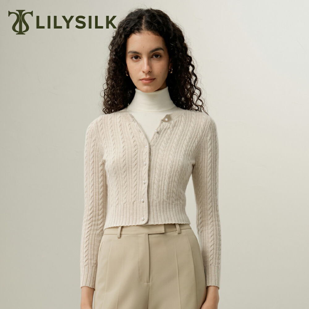 LILYSILK カシミヤ ニット カーディガン レディース ベビーカシミヤ 秋 長袖 薄手 ショート丈 きれいめ カジュアル おしゃれ ケーブル編み 上品 上質 高級