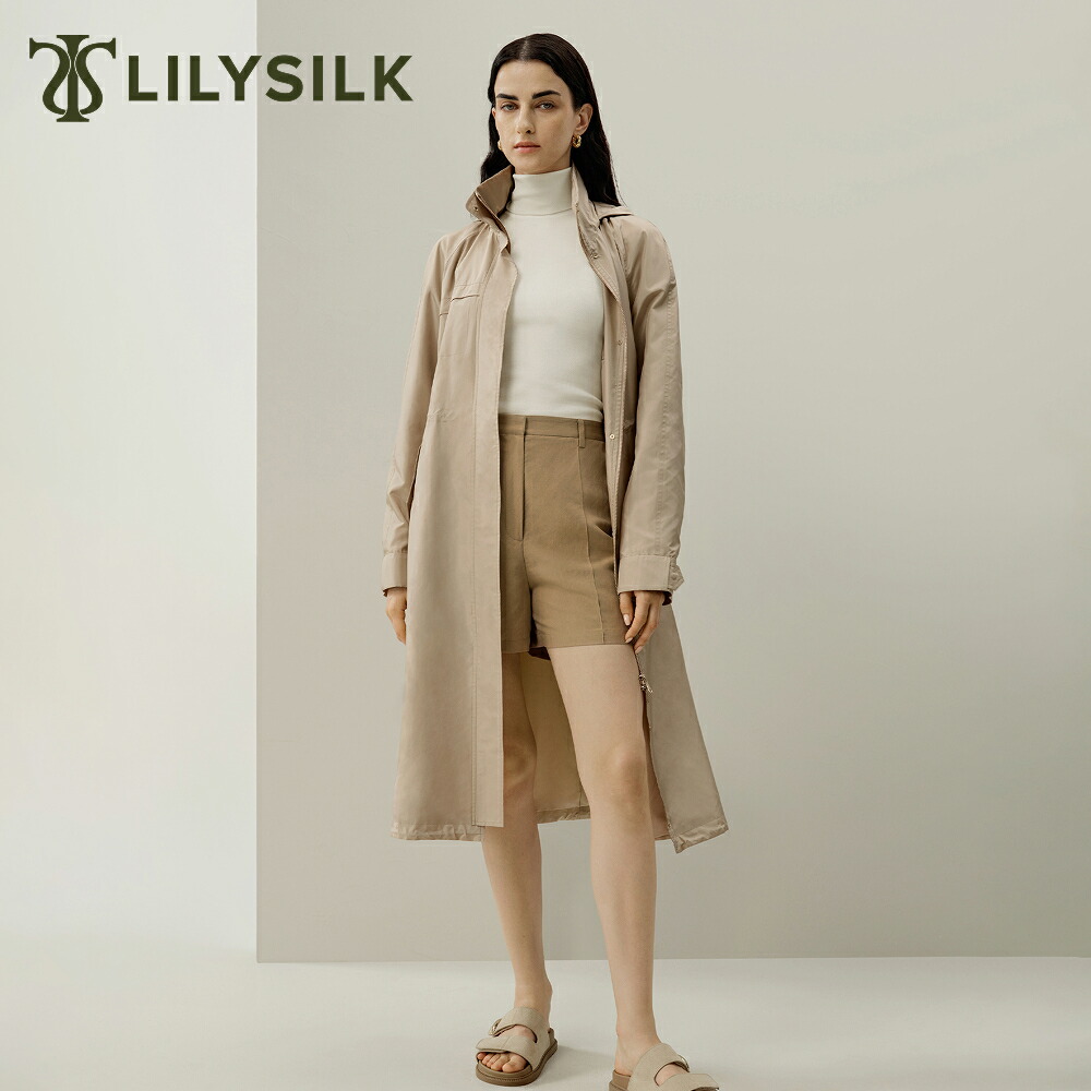 LILYSILK 撥水 ロング ジャケット レディース シルクタフタ オーバーサイズ 大きいサイズ オフィス カジュアル 大人 高級 モダン 隠しフード ラグジュアリー マウンテンコート アウターコート アーバンアウター 天候耐性