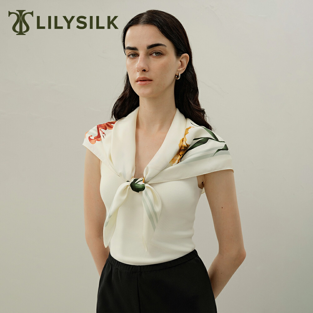 LILYSILK シルク スカーフ 大判 シルク100% 正方形 90×90cm 花柄 リリーブランド おしゃれ きれいめ バッグ 通勤 万能 洗練 両面プリント ギフト プレゼント