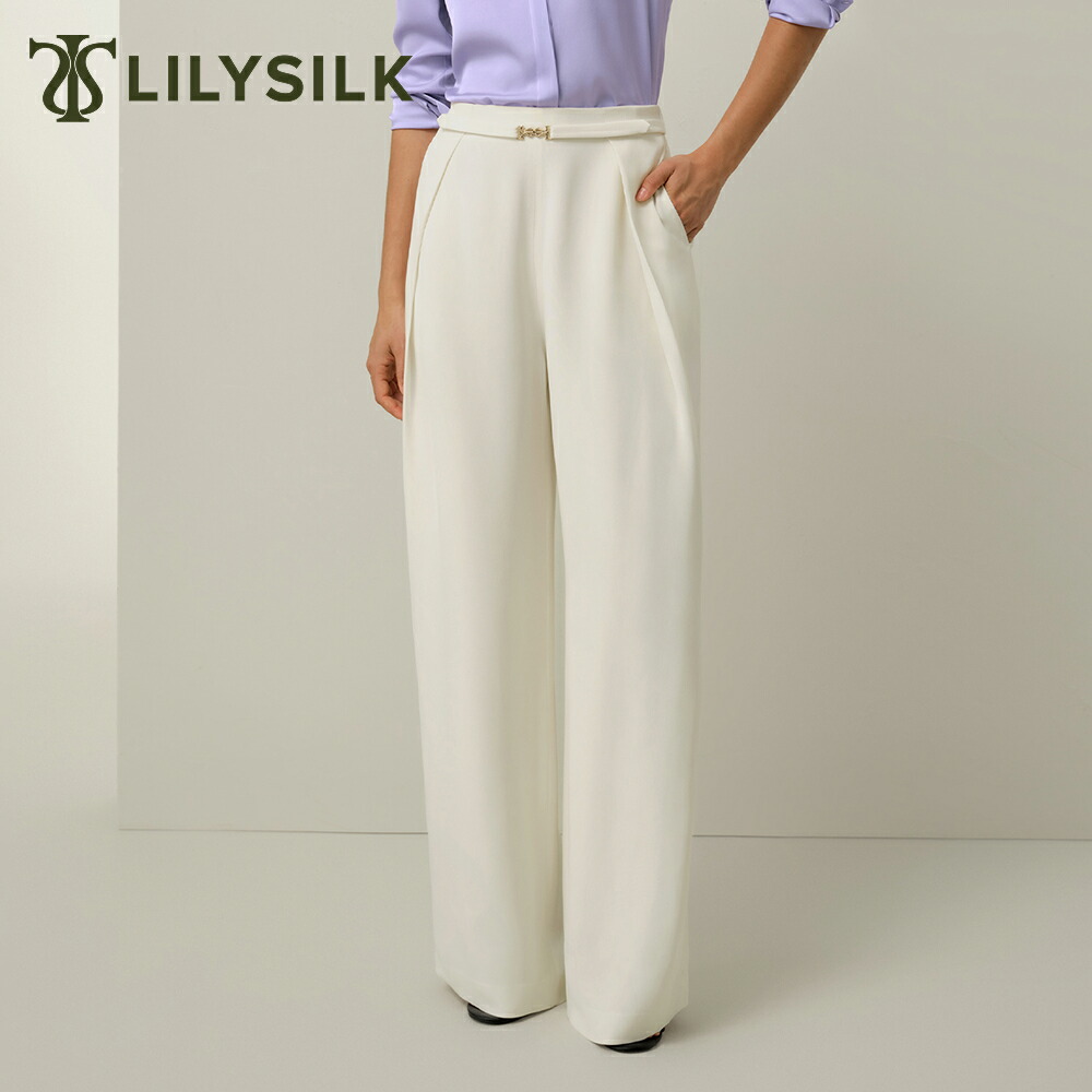 LILYSILK シルク ワイドパンツ レディース きれいめ ホワイト 白 シルククレープ オフィス カジュアル 大きいサイズ ウエストゴム ストレッチ 通気 万能 上品