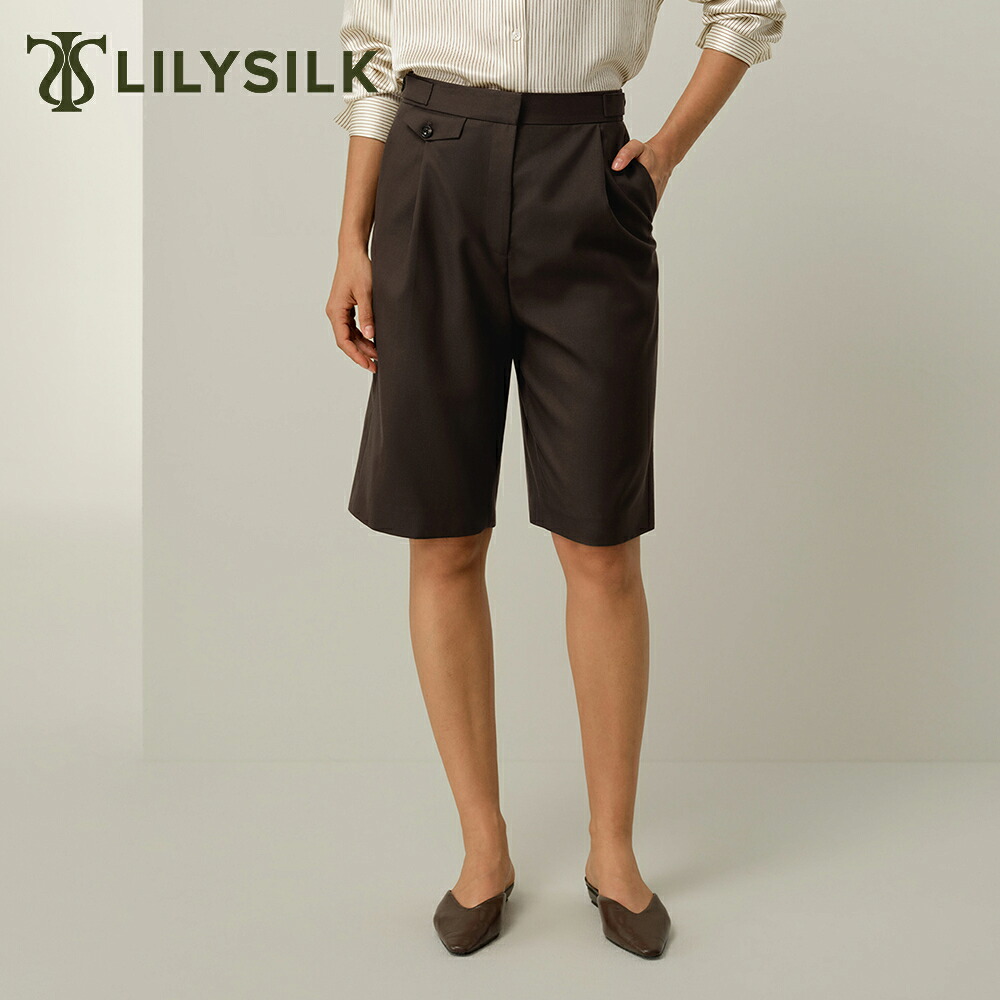 LILYSILK シルク ウール ショートパンツ レディース 大きいサイズ 夏 大人 黒 スラックス ストレート おしゃれ きれいめ 膝丈 バミューダショーツ オフィス カジュアル 通勤 ブラック ベージュ 20代 30代 40代 ギフト プレゼント