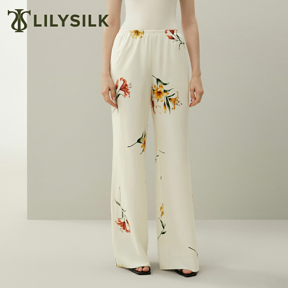 LILYSILK シルク100% イージーパンツ レディース ワイドパンツ ズボン 花柄 ストレート 大きいサイズ きれいめ おしゃれ カジュアル リリープリント エレガンス 洗練 休暇 モダン 通気 柔らかい｜LILYSILK