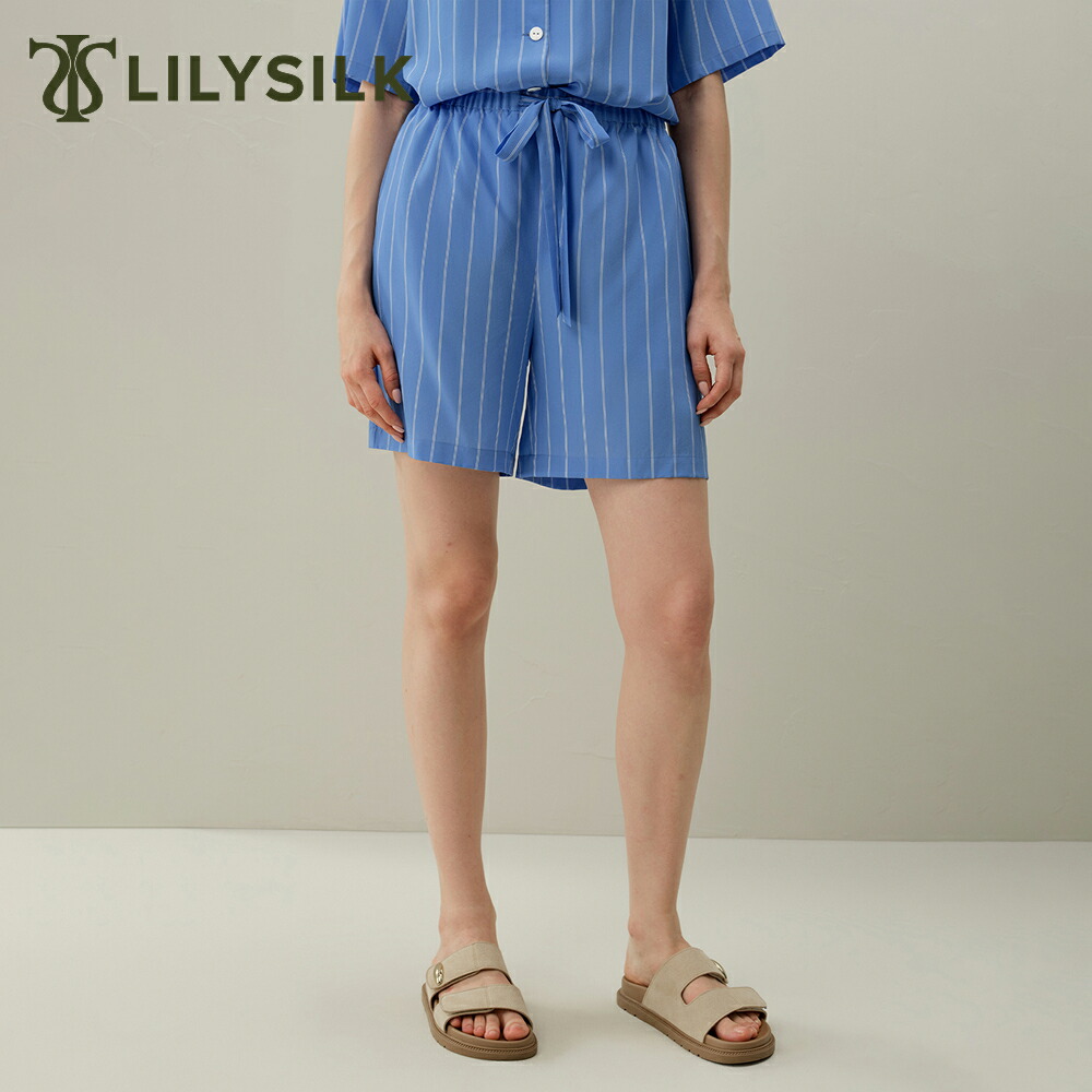 LILYSILK シルク ショートパンツ レディース 春 夏 大きいサイズ ストライプ アマルフィ ブルー きれいめ 5分丈 シルク100% 通気 ワイドレッグ 調整可能なウエスト