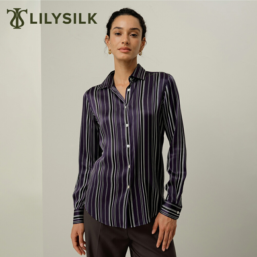 LILYSILK シルク シャツ ブラウス レディース 長袖 春 夏 ストライプ柄 おしゃれ オフィス カジュアル 大きいサイズ パープル 高級 通気 洗練 レギュラーフィット