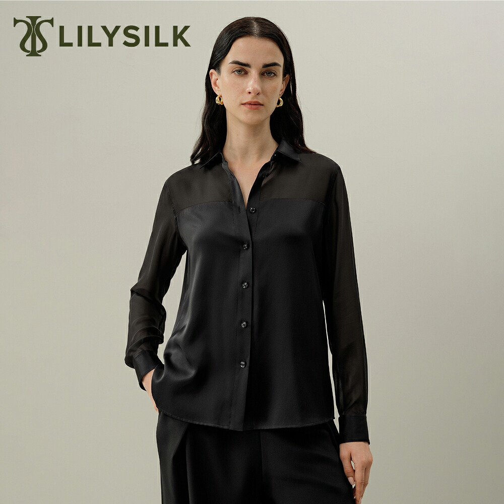LILYSILK シルク ブラウス シャツ レディース 長袖 オーガンザ シルクシフォン 夏 黒 ブラック おしゃれ オフィス カジュアル 大きいサイズ やや透け感 高級 通気 洗練 レギュラーフィット|LILYSILK