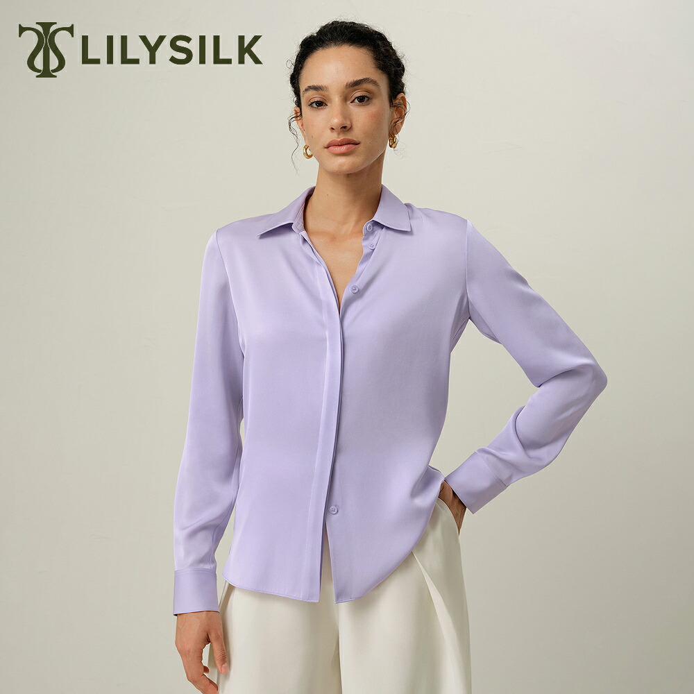 LILYSILK シルク シャツ ブラウス レディース 長袖 ビジネス 大きいサイズ オフィス おしゃれ パープル 紫 カジュアル 隠し前立て 春 夏 ダブルジョーゼット 肌に優しい 快適｜LILYSILK