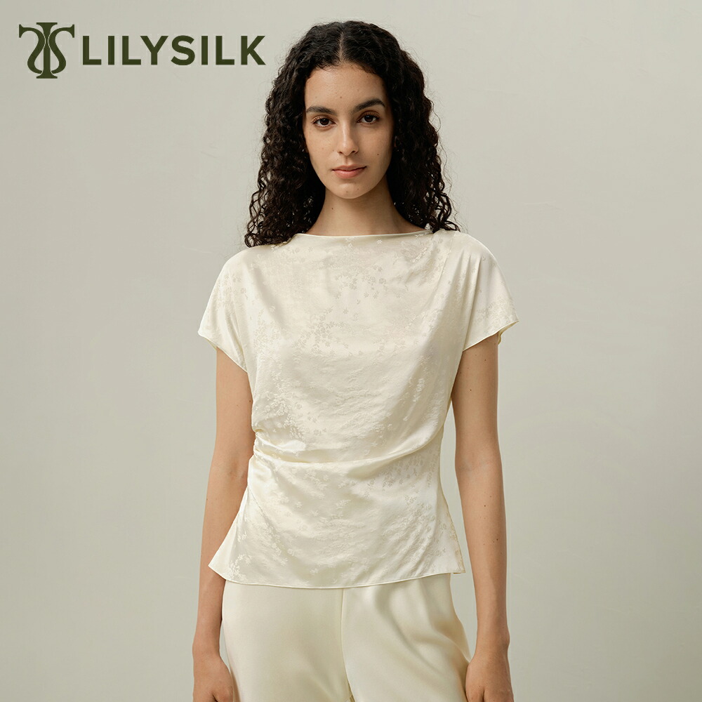 LILYSILK シルク トップス Tシャツ レディース おしゃれ きれいめ ジャカード カウルネック バイアスカット 白 緑 かわいい 夏 涼しい ドレープ 花柄 エレガント プレゼント
