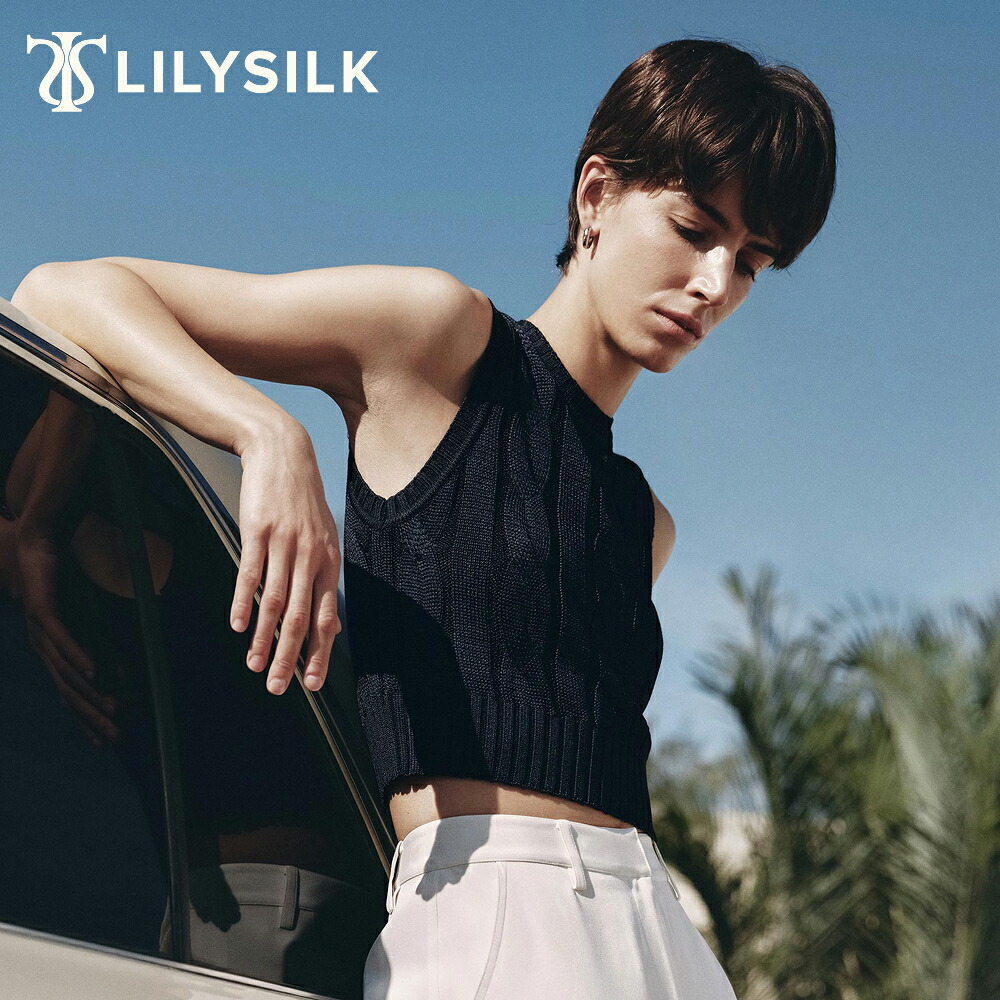 LILYSILK シルク ニット トップス ベスト レディース ノースリーブ おしゃれ きれいめ クロップド丈 春 夏 クルーネック ケーブルニット 軽量 通気性の良い ベージュ ネイビー