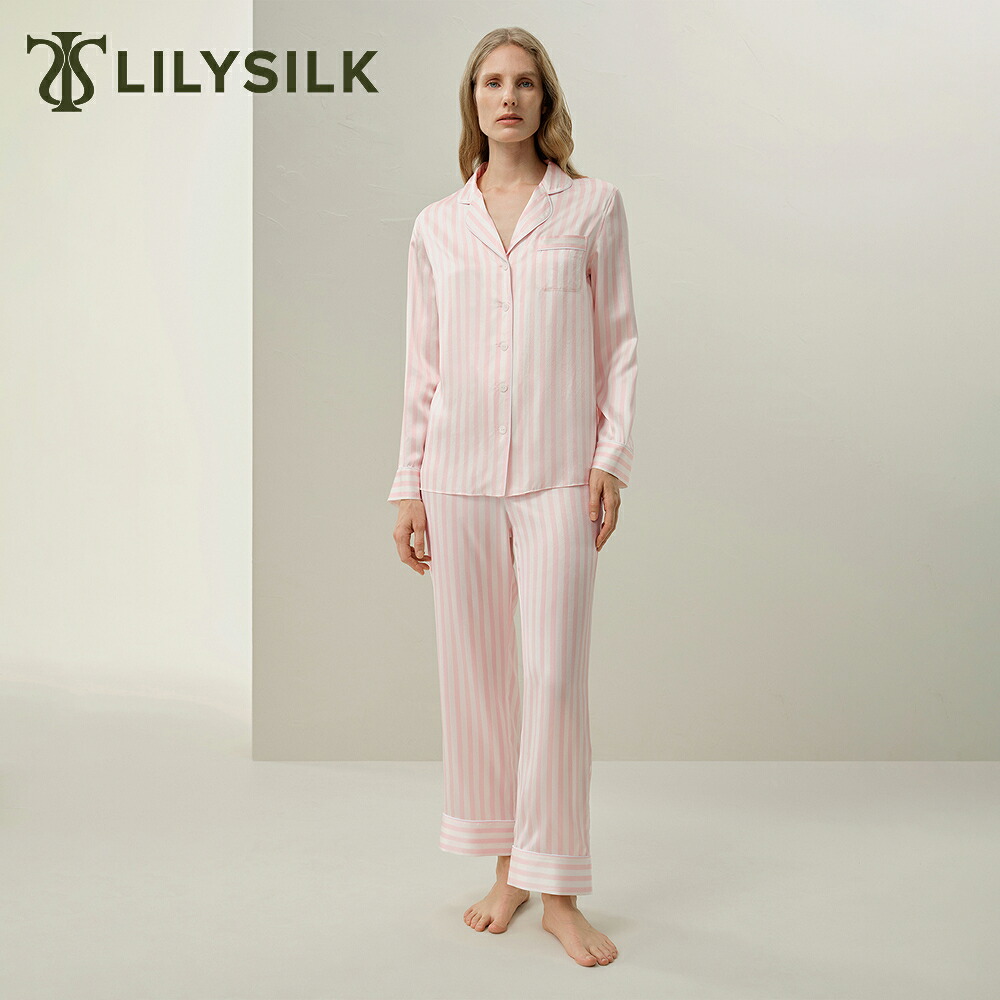 LILYSILK シルク パジャマ レディース ストライプ 春 夏 秋 前開き 長袖 シルク100% パジャマセット ゆったり 大きいサイズ 上下セット 疲労回復 通気 ギフト プレゼント|LILYSILK