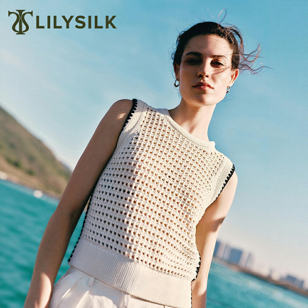 LILYSILK シルクコットン製 ニット ベスト レディース 春夏 白 黒 刺繍 ノースリーブ おしゃれ カジュアル ショート丈 大きいサイズ 薄手 透かし編み トスカーナ風 プレゼント｜LILYSILK