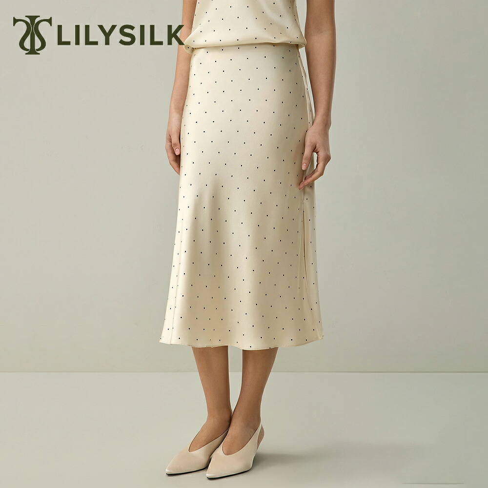 LILYSILK(リリーシルク) シルク スカート レディース 膝下 ロング 水玉 ドット柄 バイアスカット きれいめ 可愛い ミディ丈 フレアスカート 落ち感 おしゃれ 上品 高級 洗練 大人｜LILYSILK