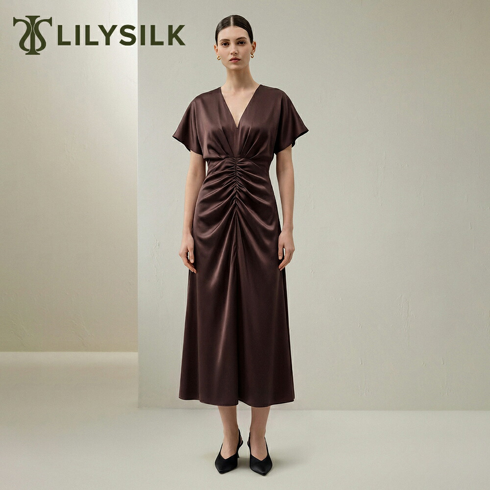 LILYSILK シルク ワンピース レディース 半袖 ロング Vネック Aライン プリーツ 無地 洗えるシルク100% ギャザー ワイドスリーブ ウォッシャブル 体型カバー 着痩せ ゆったり 夏 リゾート ドレス｜LILYSILK 29,054円