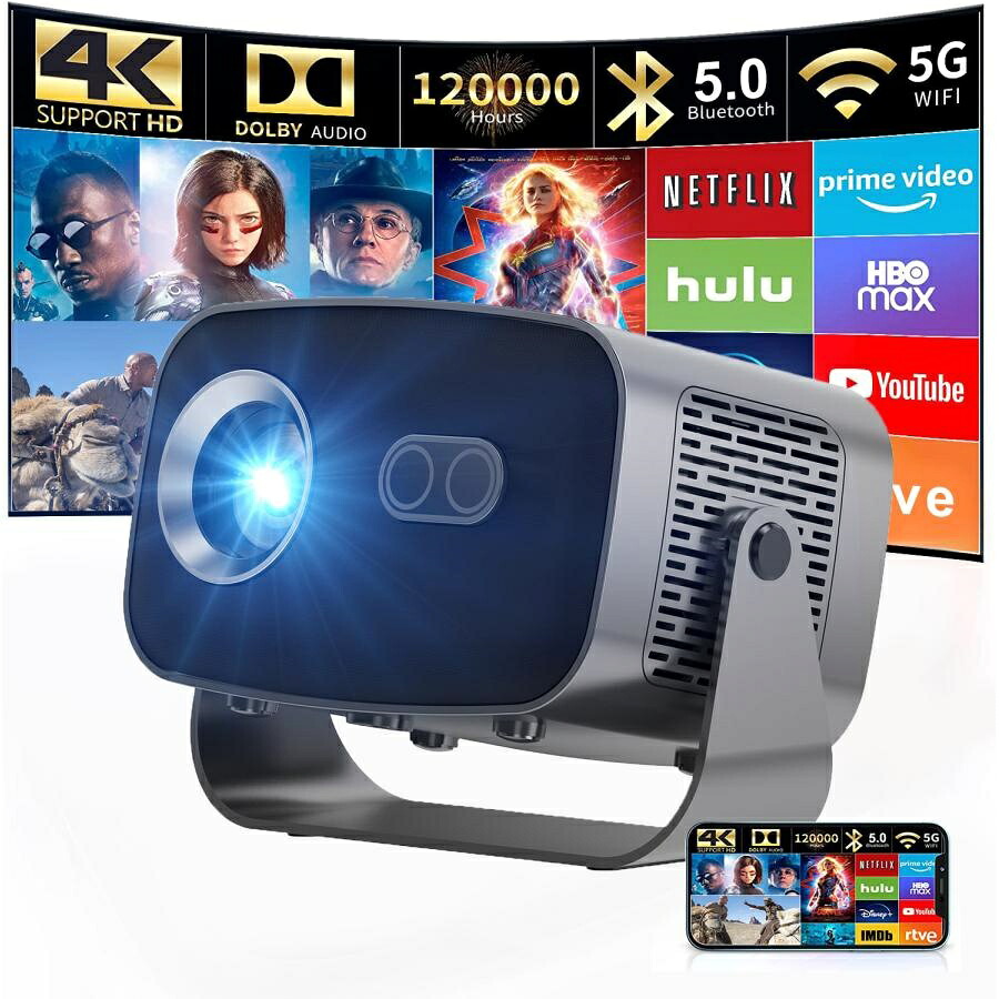 プロジェクター 本体 家庭用 電動フォーカス 小型 4K対応 天井投影 Netflix/YouTubeb Android13 1800ルーメン 自動台形補正 5G wi-fi 6 Bluetooth 日本語説明書