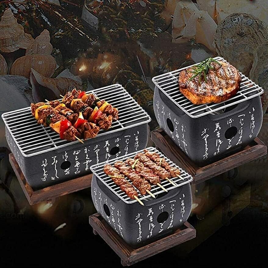 グリラー アルミ製 日本製卓上 七輪コンロ チャコールグリル ワイヤーメッシュグリル 木製ベース ひばち風 焼肉グリル 屋外キャンプ 木炭コンロ卓上しちりん スチール焼き網と鍋敷き付き卓上しちりん スチール焼き網と鍋敷き付き