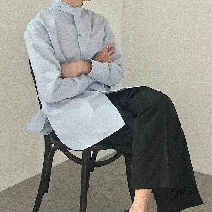 Men's スタンドカラー デザイン シャツ 長袖前開き シンプル ドレスシャツ カジュアル ジェンダーレス メンズ 男性 モード クール 春 秋 夏 冬 韓国 韓国風 送料無料 Shes｜Shes