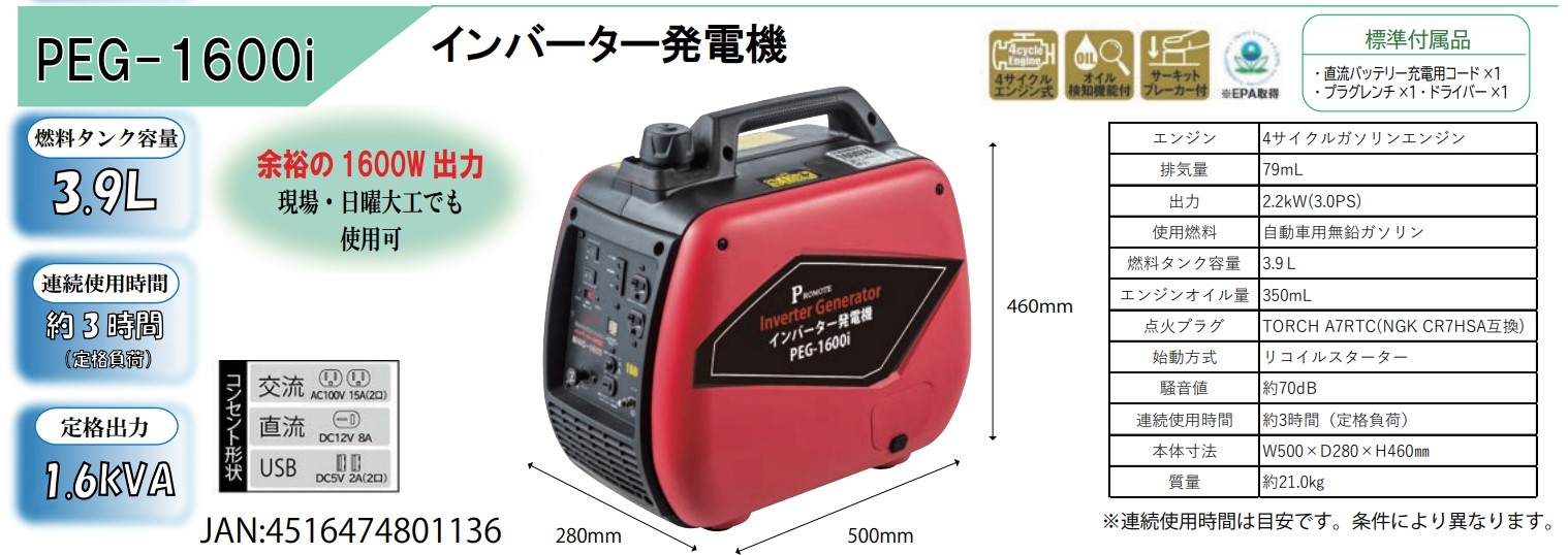 楽天市場 送料無料 防災 アウトドア 非常用電源 災害用 インバーター発電機 ガソリン式 Peg 1600i ライト精機