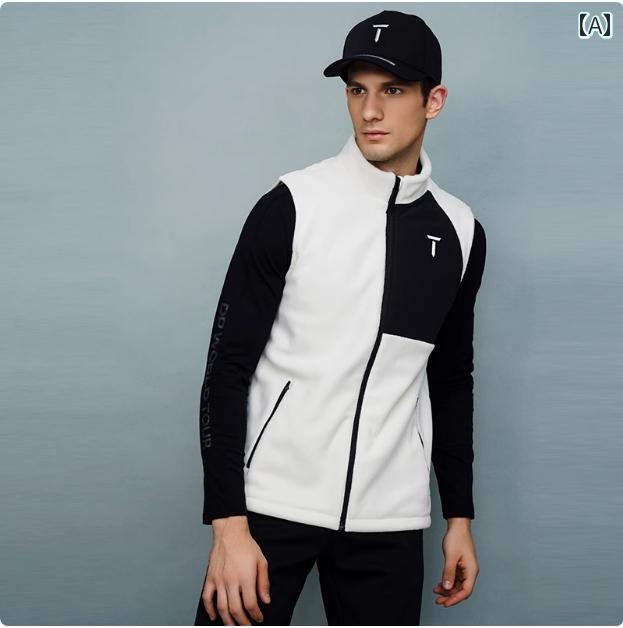 EuropeanTour ヨーロピアン ツアー ゴルフ メンズ 秋冬服 防風性 ベスト フリース ジャケット ホワイト ブラック