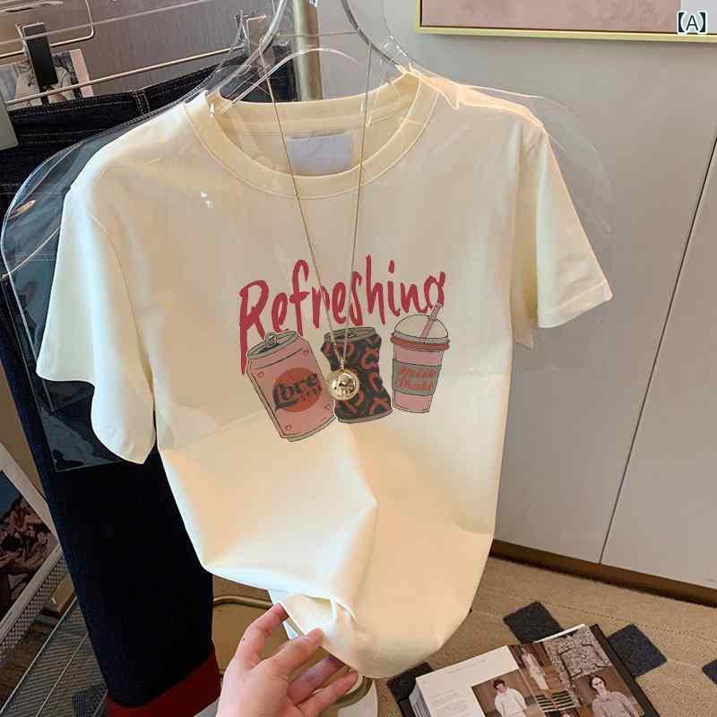 フロント ショルダー 綿 半袖 Tシャツの 女性 年齢 減らす 薄手 アプリコットン トップ 夏 プリント カジュアル ホワイト