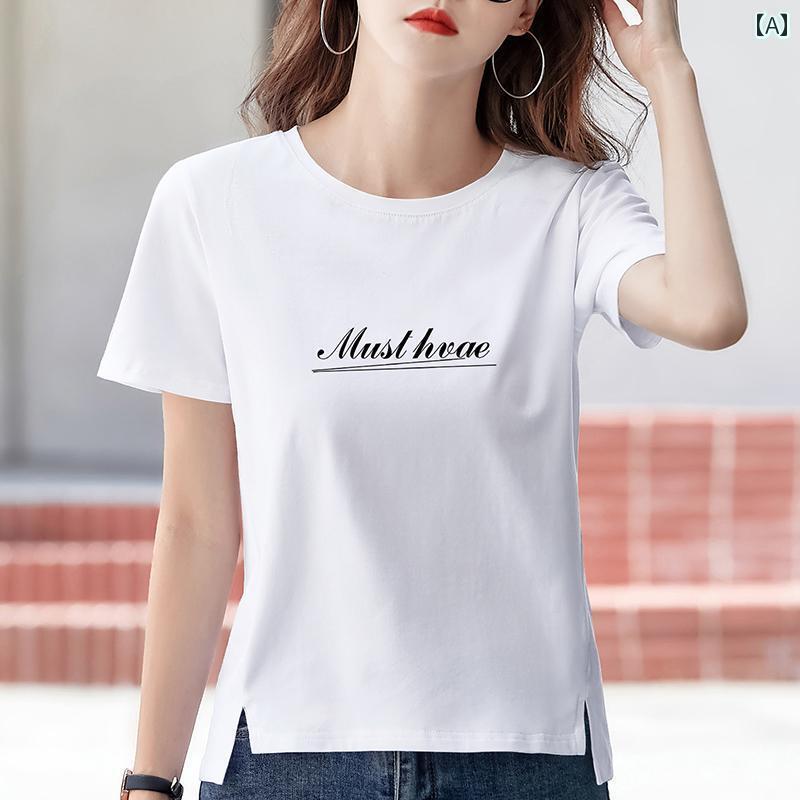 ホワイト ゆったり ルーズ 裾 スリット コットン 半袖 Tシャツ レディース 夏新 トップス 英字プリント シンプル カジュアル