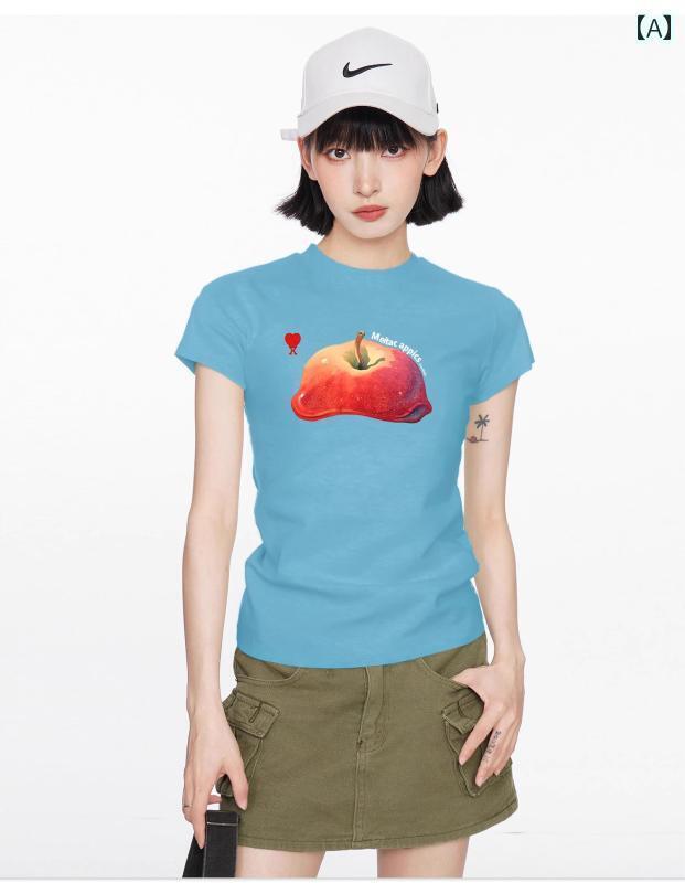 レディース 夏 ブルー プリント ストレート ショルダー 半袖 Tシャツ タイトフィット スリムフィット ショート トップス カジュアル