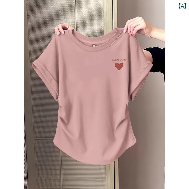 ピンク ラウンドネック ストレート ショルダー 半袖 Tシャツ レディース 夏 韓国 ハート プリント プリーツ ウエスト ショート ホットガール トップ