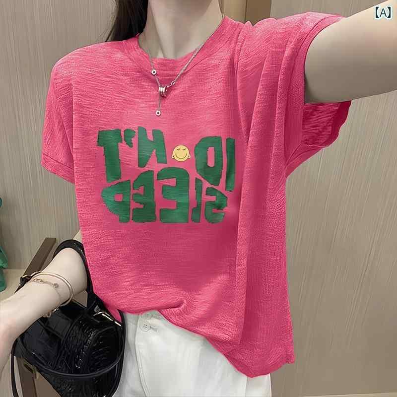 竹 綿 レディース Tシャツ 半袖 2025 夏 韓国 レター プリント 薄手 トップス小 コットン カジュアルスタイル かわいい