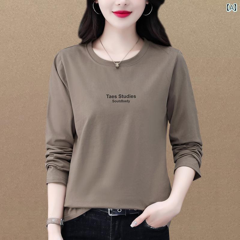 春秋 長袖 綿 Tシャツ レディース 2025 秋 薄手 底 入れ 大きいサイズ 母 トップス ワンポイント シンプル コットン