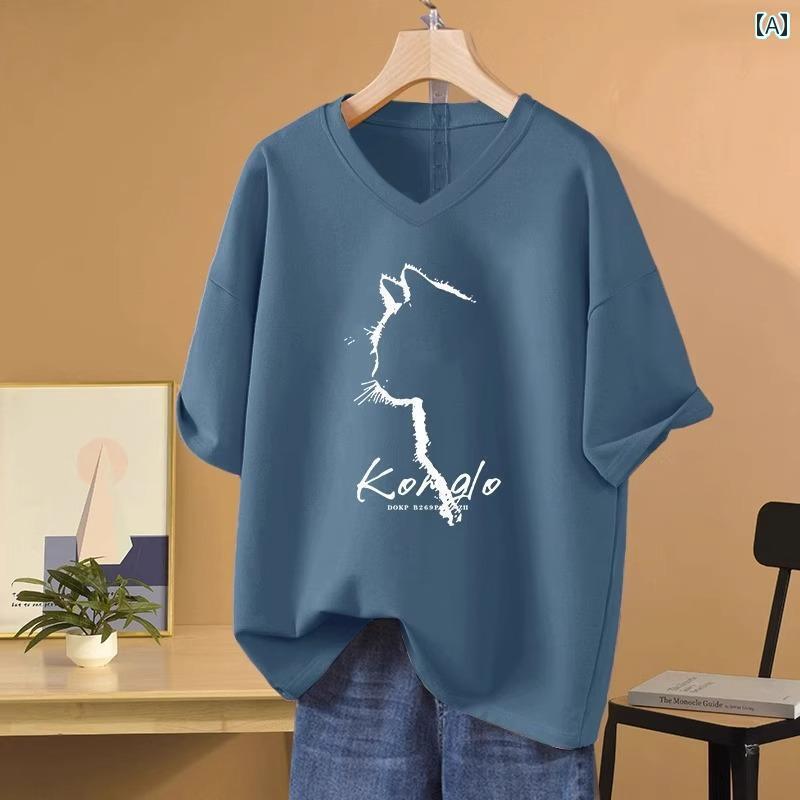 コットン Vネック 半袖 Tシャツ レディース 2025 夏 大きいサイズ ゆったり 太め mm スリム プリント トップス キャット 猫 かわいい