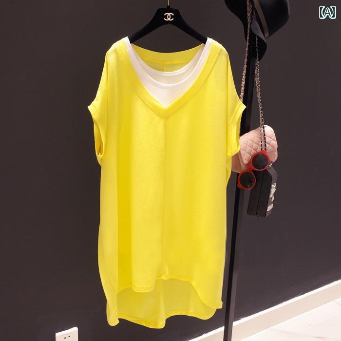 2025 夏 Vネック 半袖 Tシャツ レディース ミディアム 丈 無地 トップス ツーピース 韓国 ゆったり ドレス シンプル