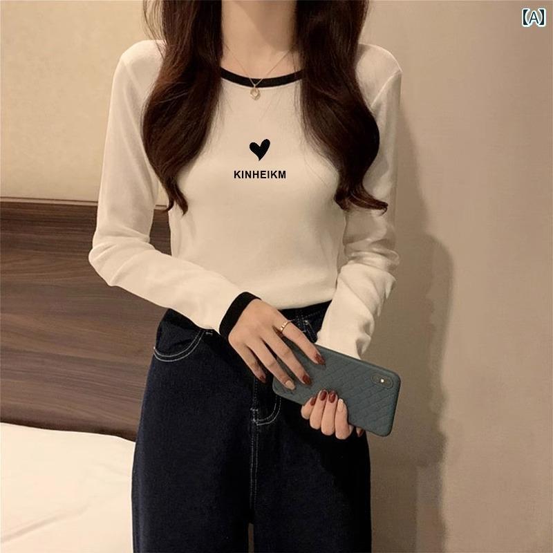 春 レディース用 ラウンドネック 長袖 Tシャツ 綿 コントラストカラー プリント ゆったり カジュアル ショート スタイル ストレート ショルダー ボトム トップ