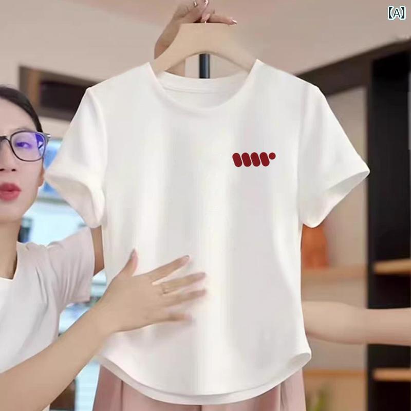 白 2025 夏 不規則 裾 綿 半袖 Tシャツ 女性 トップス ワンポイント シンプル コットン レディース プリント ラウンドネック