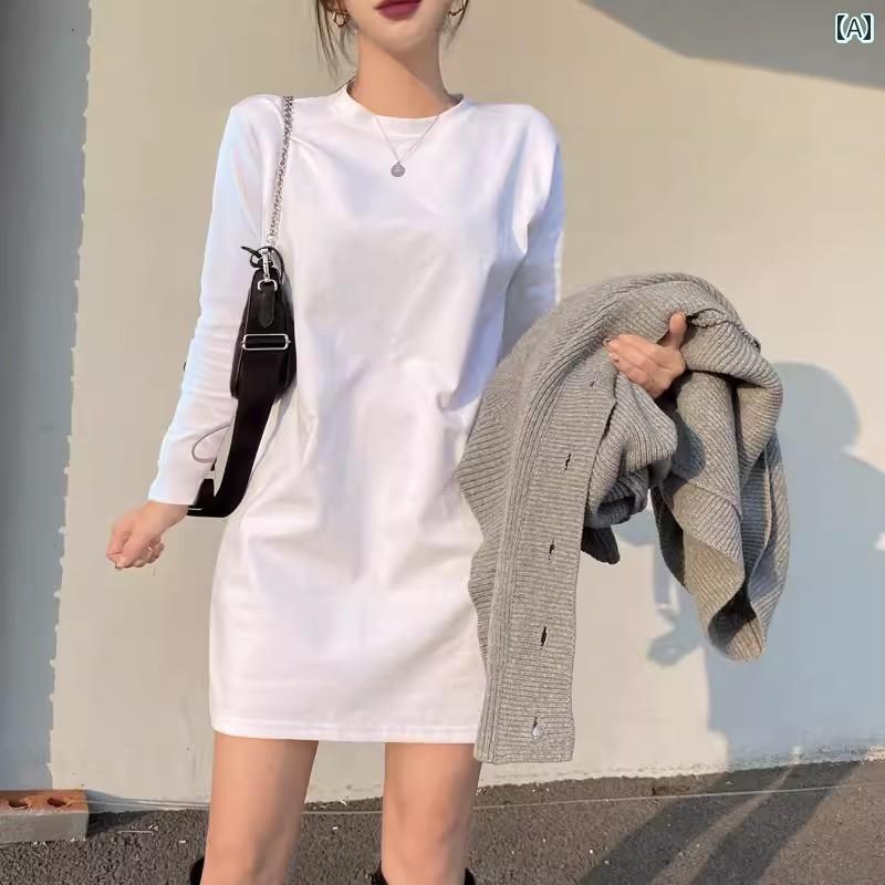 綿 コットン Tシャツ ワンピース 秋 長袖 トップス 白 肩の ロング ボトム セーター お 尻 覆う 無地 シンプル かわいい