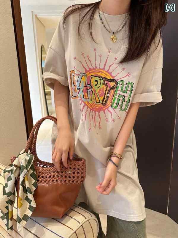 ロング大 版新 地球 文字 プリント ミドル丈 ゆったり Tシャツ レディース スカート 半袖 トップス カジュアル