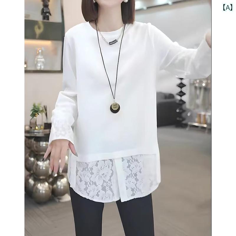 春秋 女性 白 綿 レース 長袖 Tシャツ 大きいサイズ ゆったり セーター ミドル丈 お 尻 覆う ボトム 無地 シンプル かわいい