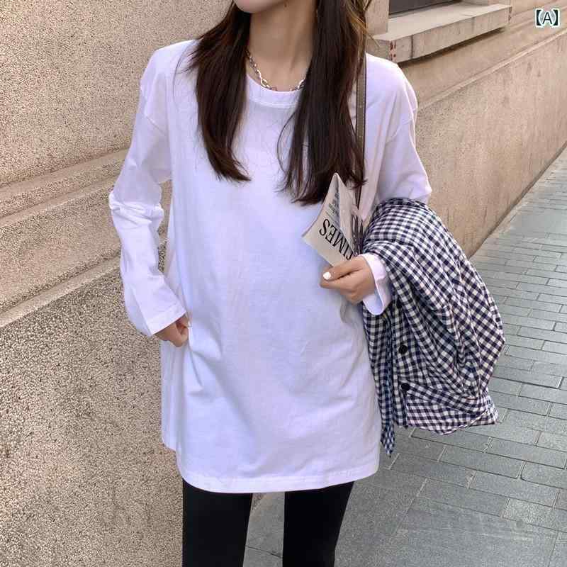 秋冬 白 長袖 Tシャツ アウターとも 可能 ベルベット 綿 ミディアム 丈 レディース ドイツ ボトム インナートップス 無地