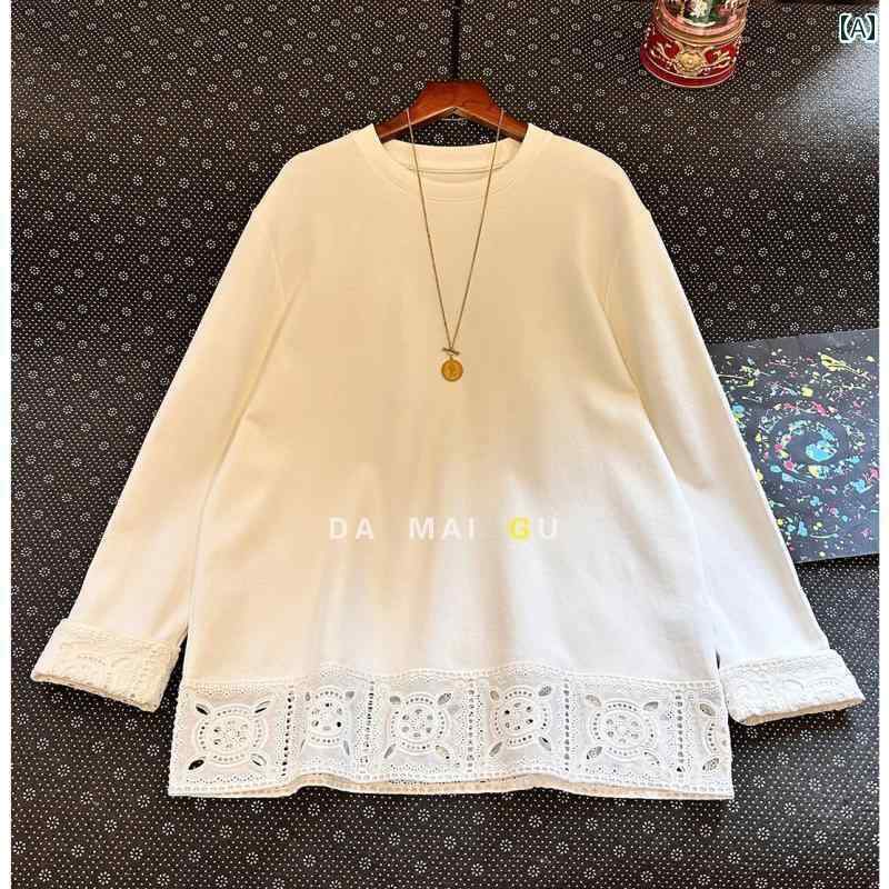 レース 裾 袖口～ 25 コーマ 綿 ホワイト Tシャツ ミドル丈 ボトム ゆったり カジュアル 無地 シンプル かわいい ラウンドネック