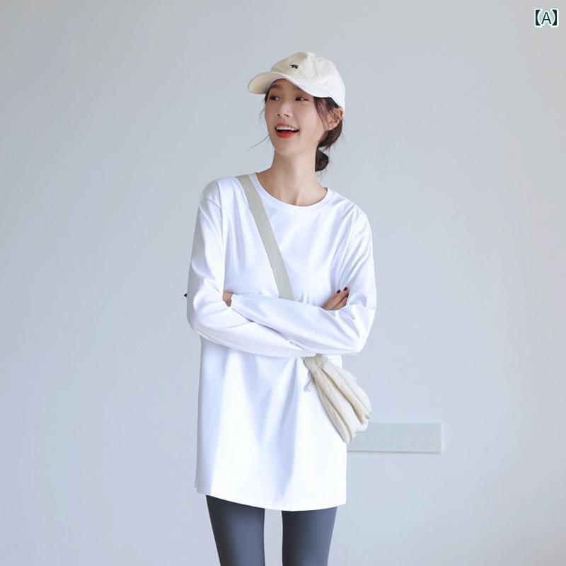 ミニマル PP ミドル丈 レディース ロングスリーブ Tシャツ ルーズ レイヤード 秋 ラウンドネック ピラティス アウター