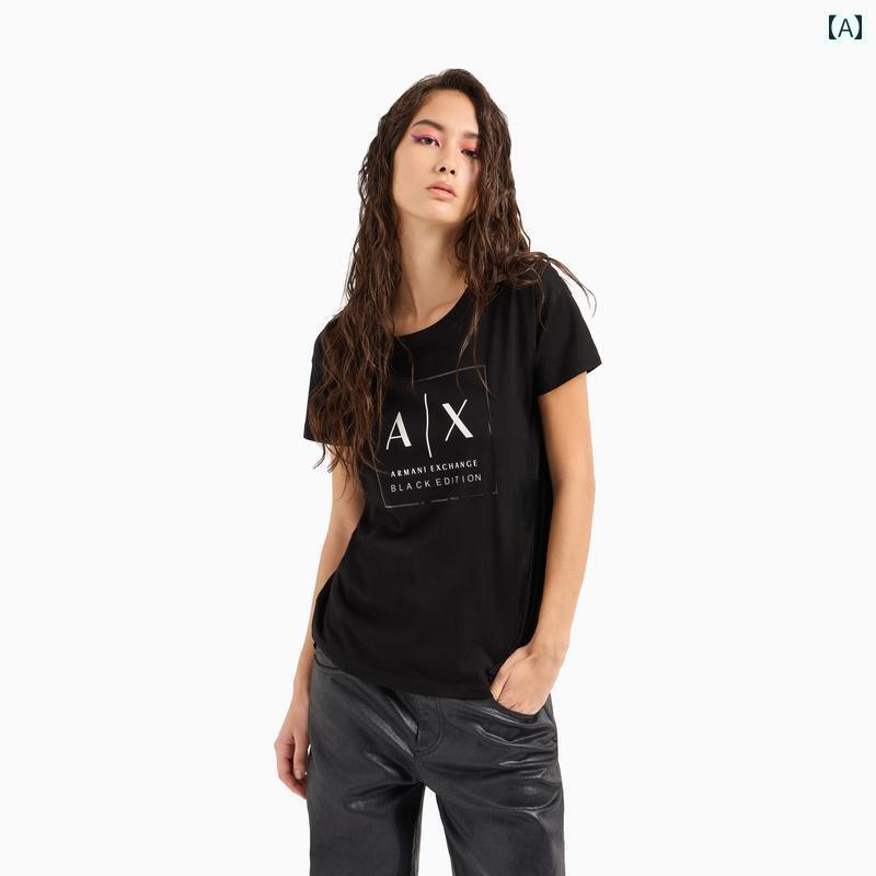 レディース コットン ラウンドネック 半袖 クラシック ロゴ プリント Tシャツ シンプル おしゃれ かわいい カジュアル